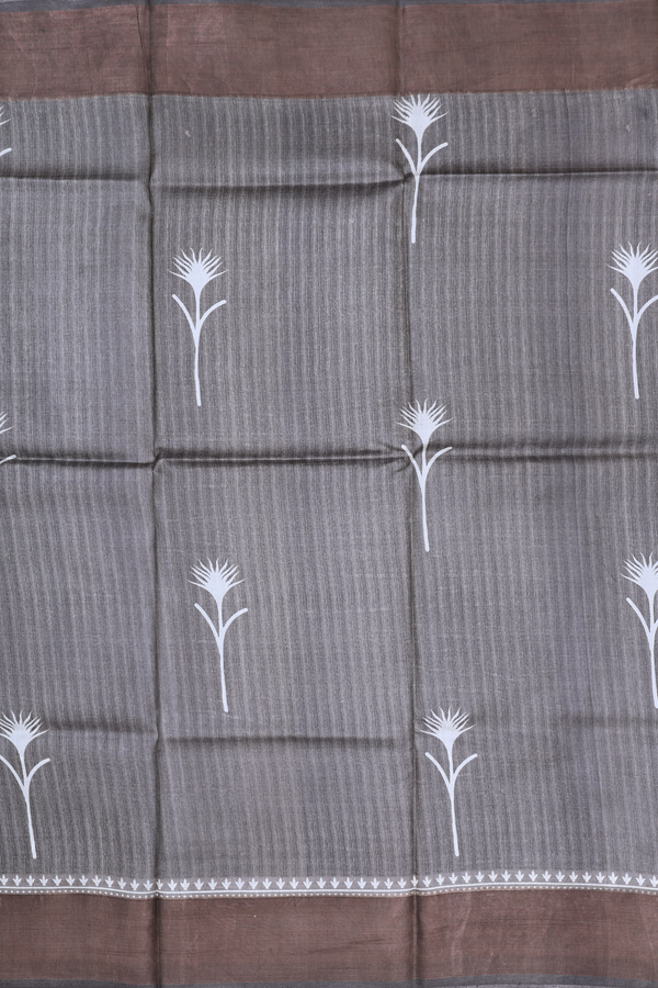 Tussar Silk Saree In Greyish Brown With Floral Motifs