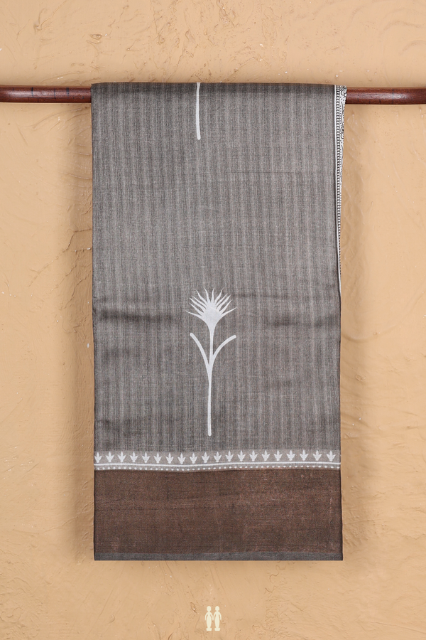 Tussar Silk Saree In Greyish Brown With Floral Motifs