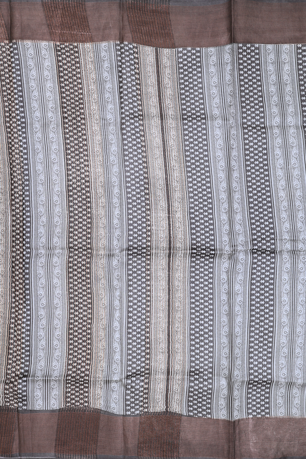 Tussar Silk Saree In Greyish Brown With Floral Motifs
