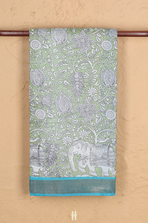 Tussar Silk Saree In Light Green With Floral Design