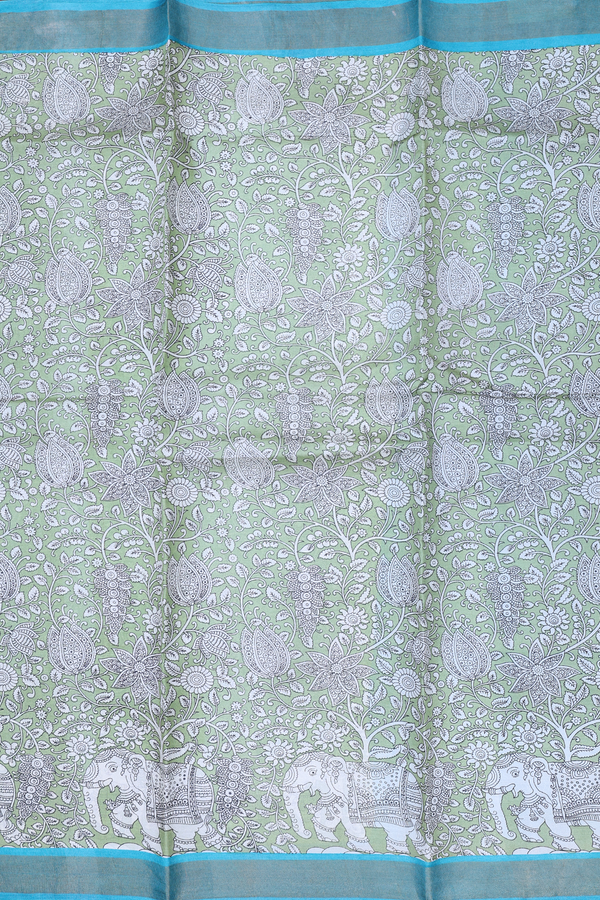Tussar Silk Saree In Light Green With Floral Design