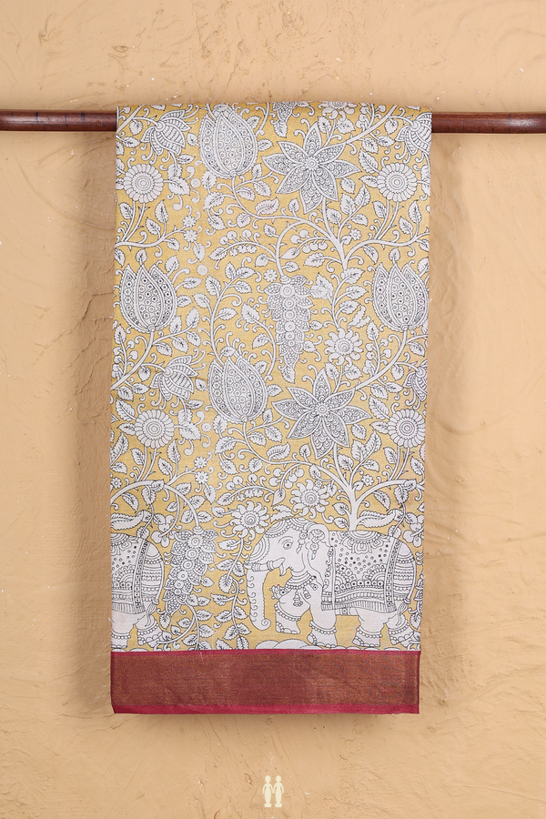 Tussar Silk Saree In Yellow With Floral Printed Design