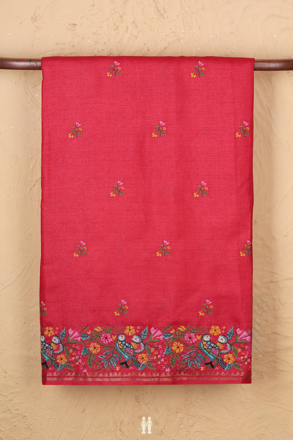 Tussar Silk Saree In Red With Floral Embroidered Design
