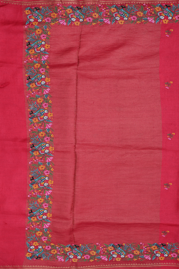 Tussar Silk Saree In Red With Floral Embroidered Design