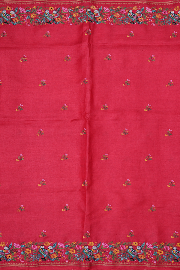 Tussar Silk Saree In Red With Floral Embroidered Design