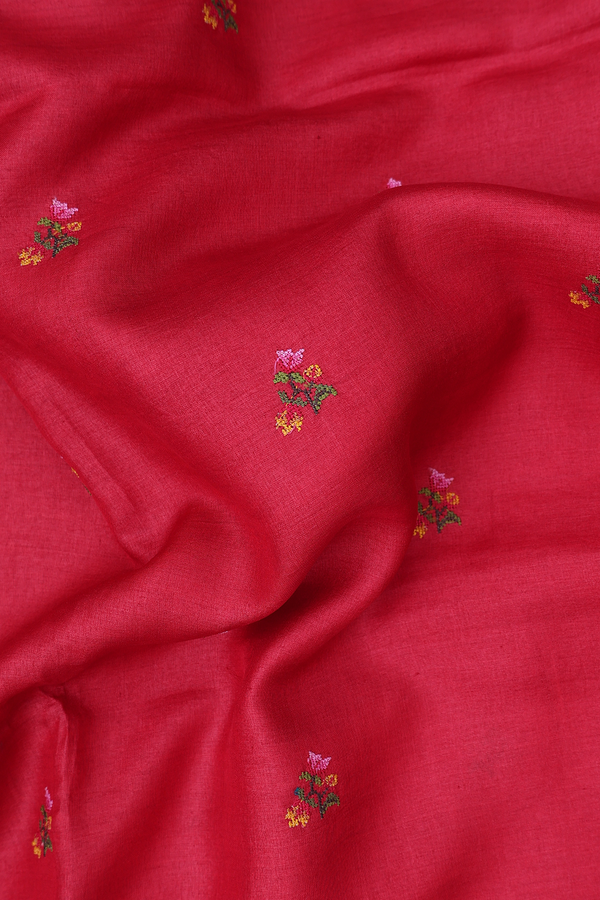 Tussar Silk Saree In Red With Floral Embroidered Design