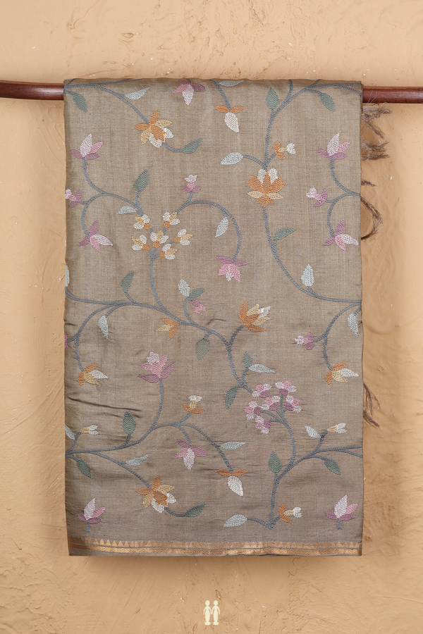 Tussar Silk Saree Dark Khaki With Floral Embroidered Design