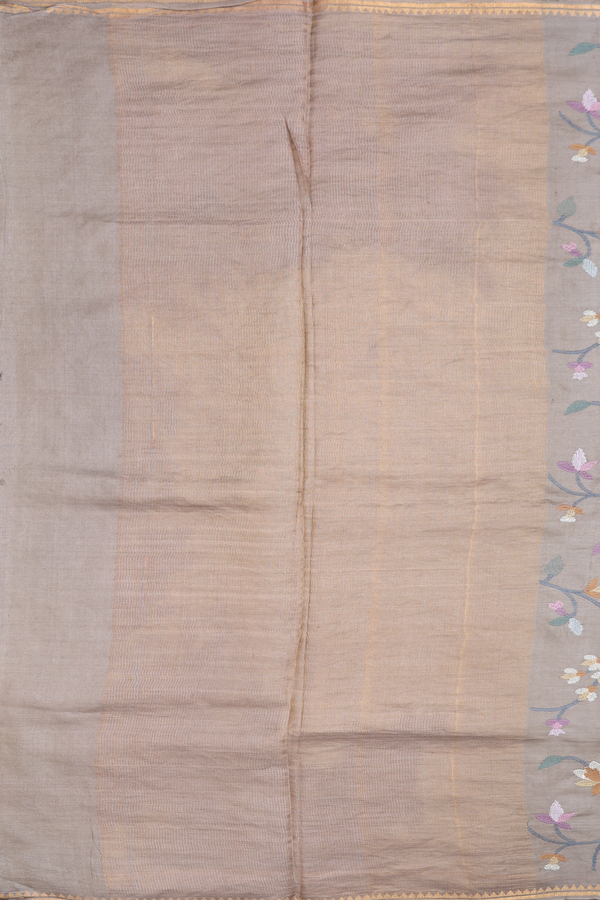 Tussar Silk Saree Dark Khaki With Floral Embroidered Design