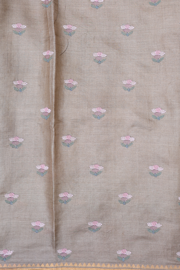 Tussar Silk Saree Dark Khaki With Floral Embroidered Design