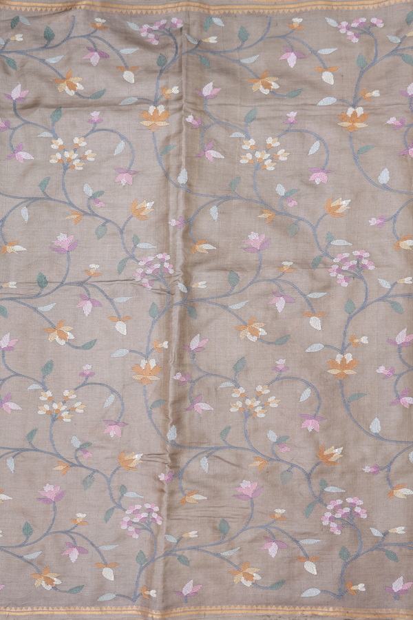 Tussar Silk Saree Dark Khaki With Floral Embroidered Design