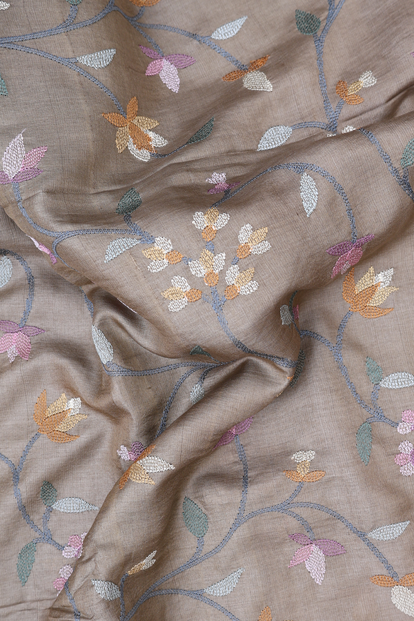 Tussar Silk Saree Dark Khaki With Floral Embroidered Design