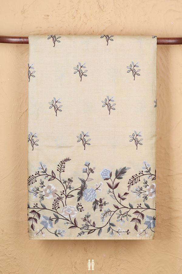 Tussar Silk Saree In Beige With Floral Embroidered Design