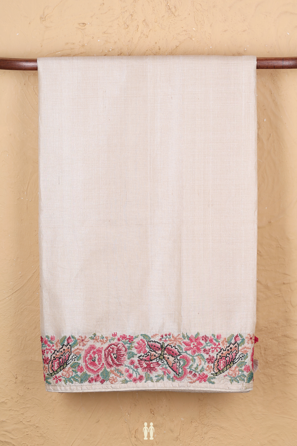 Tussar Silk Saree In Plain Off White With Floral Border