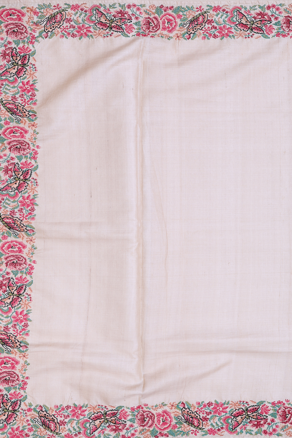 Tussar Silk Saree In Plain Off White With Floral Border