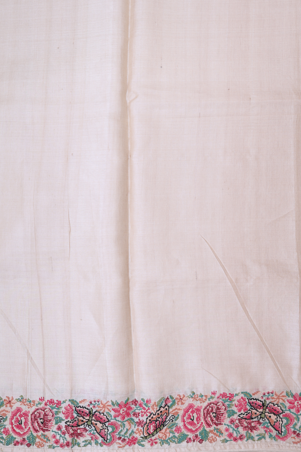 Tussar Silk Saree In Plain Off White With Floral Border