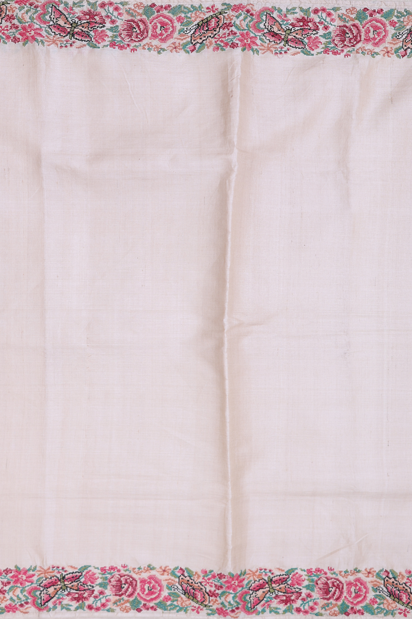Tussar Silk Saree In Plain Off White With Floral Border