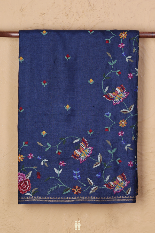 Tussar Silk Saree In Oxford Blue With Floral Buttas
