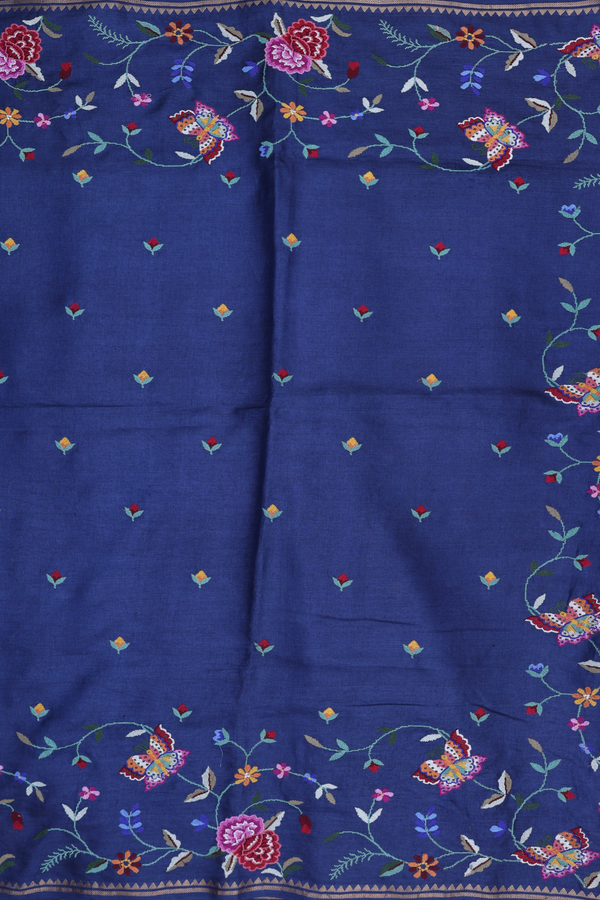 Tussar Silk Saree In Oxford Blue With Floral Buttas