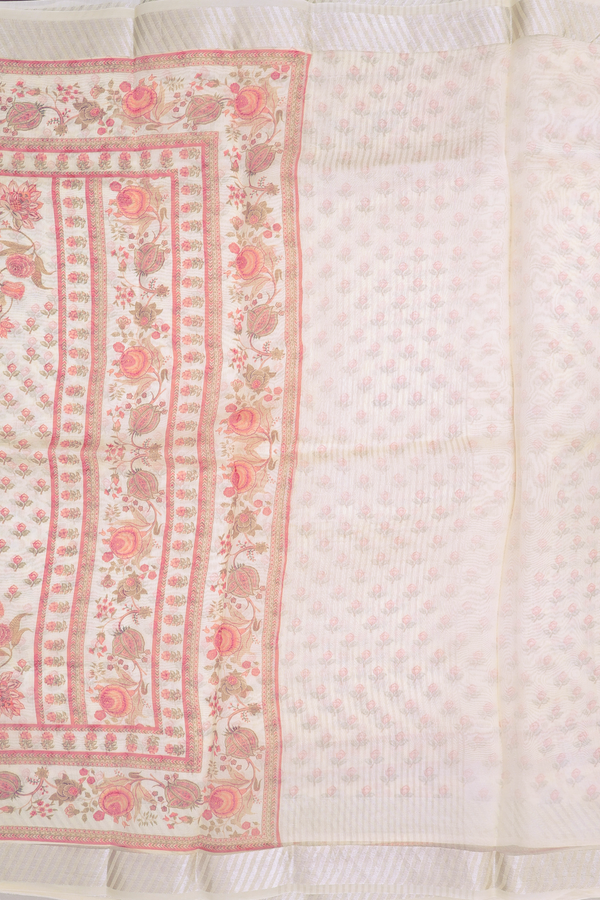 Organza Silk Saree In Off White With Floral Buttas