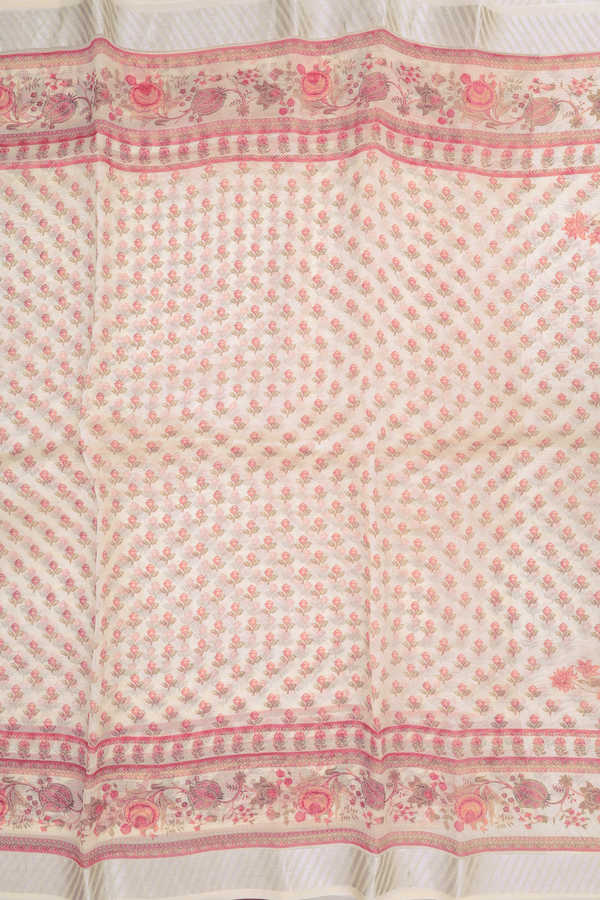 Organza Silk Saree In Off White With Floral Buttas