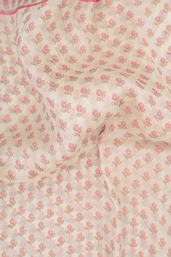 Organza Silk Saree In Off White With Floral Buttas