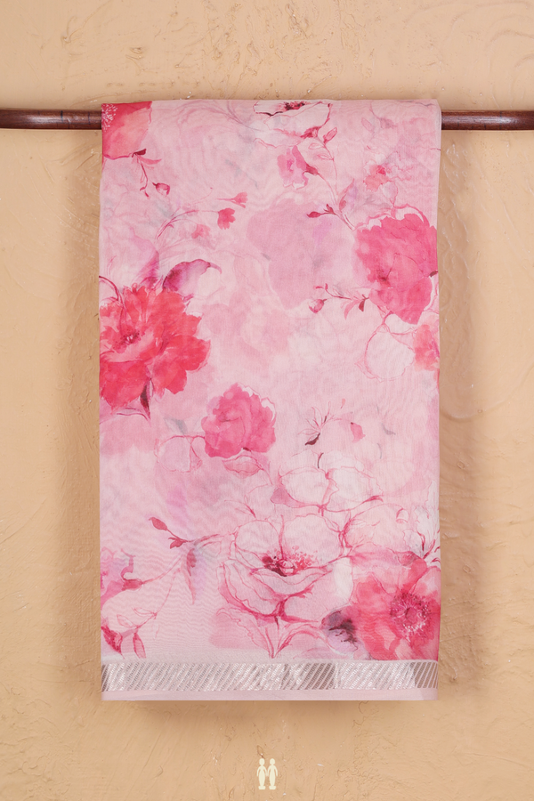 Organza Silk Saree In Pink With Floral Design