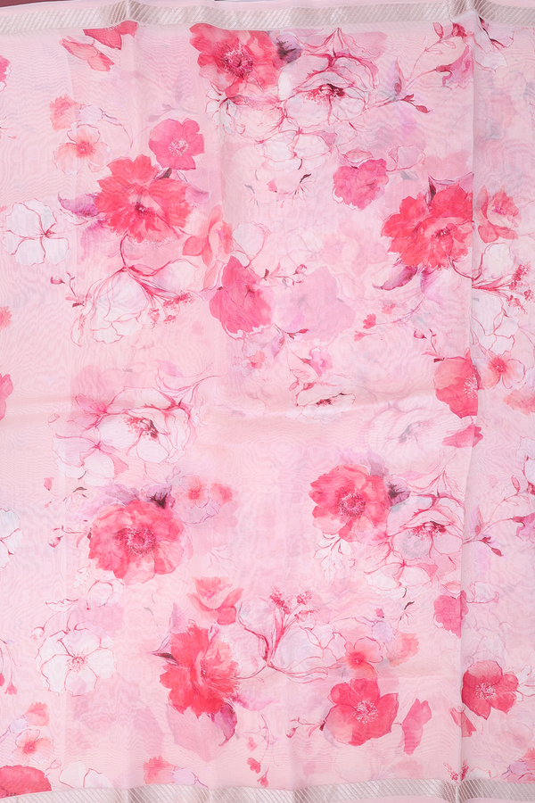 Organza Silk Saree In Pink With Floral Design