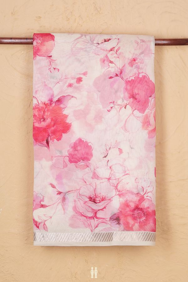 Organza Silk Saree In Off White With Floral Design