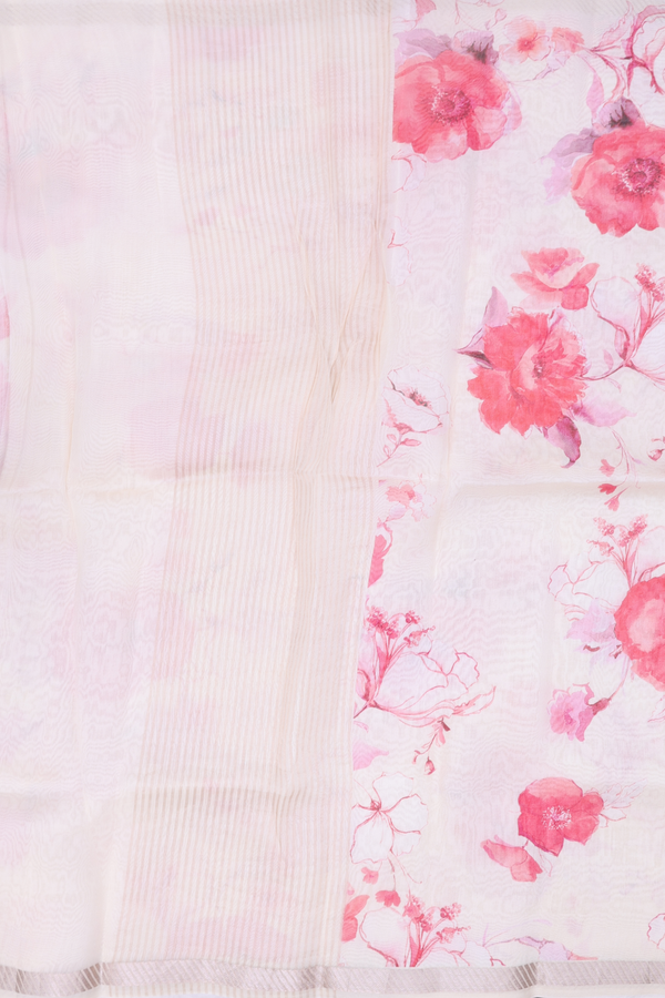 Organza Silk Saree In Off White With Floral Design