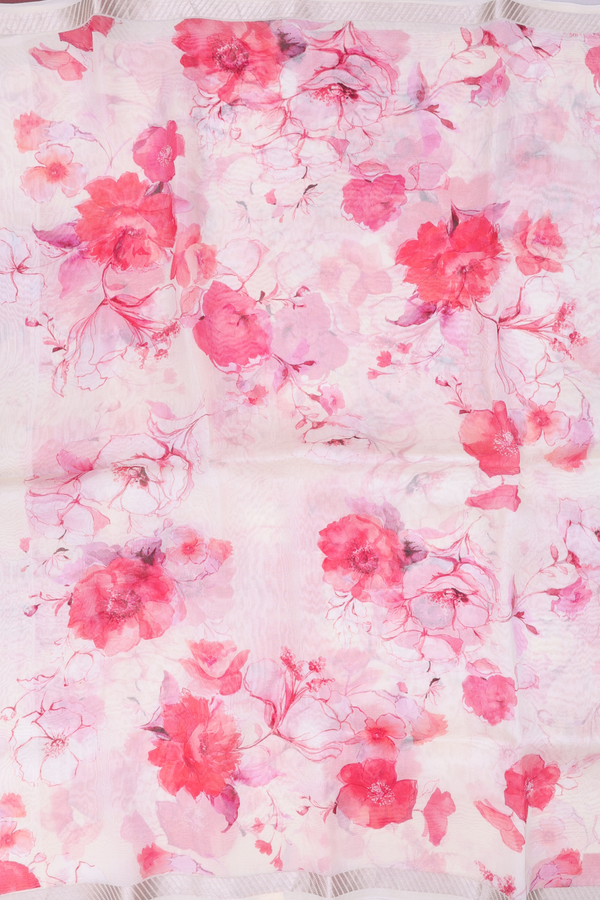 Organza Silk Saree In Off White With Floral Design