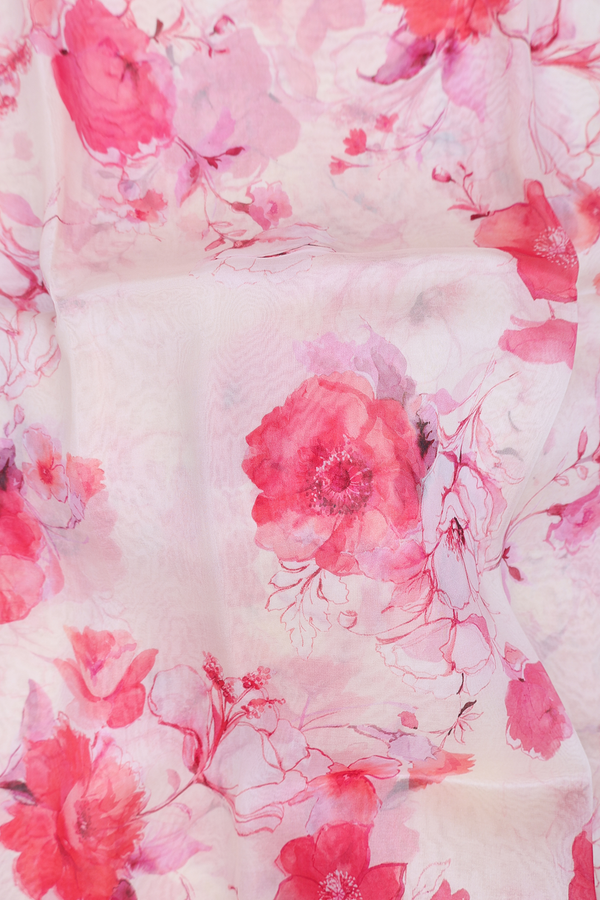 Organza Silk Saree In Off White With Floral Design