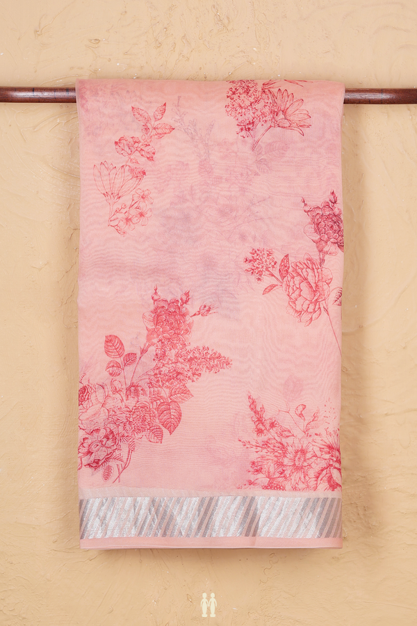 Organza Silk Saree In Peach With Floral Design