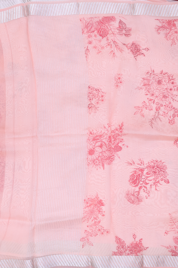 Organza Silk Saree In Peach With Floral Design