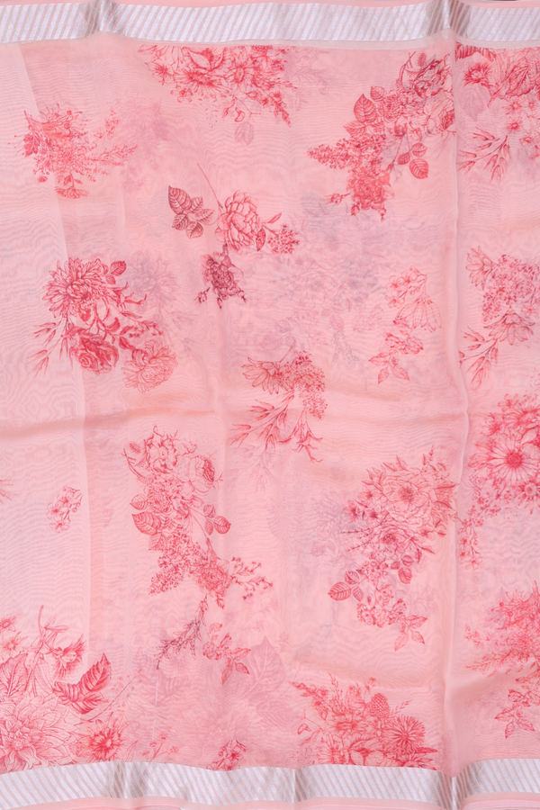Organza Silk Saree In Peach With Floral Design