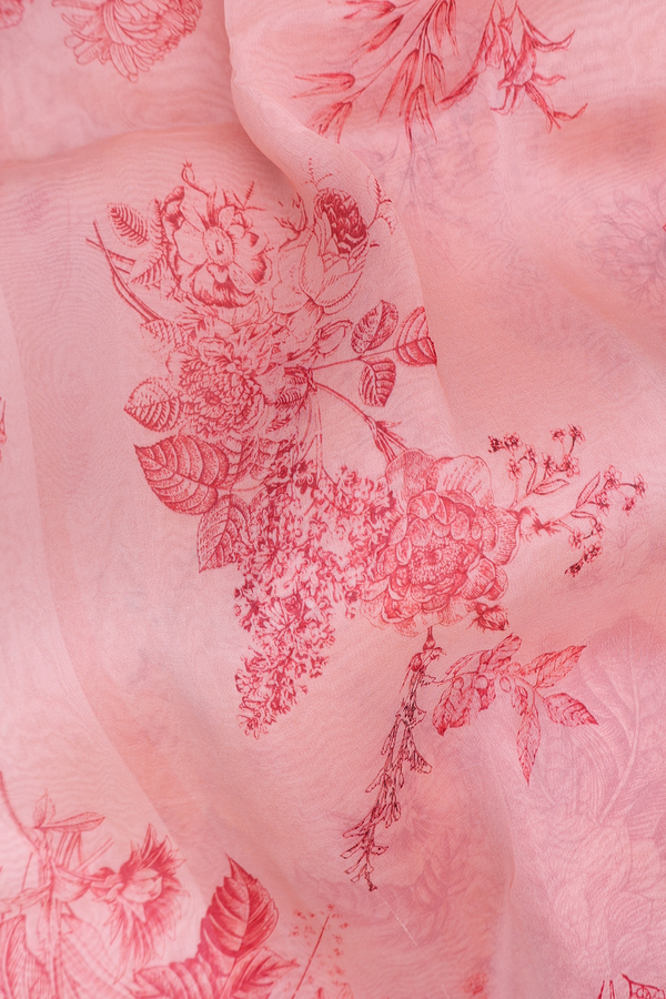 Organza Silk Saree In Peach With Floral Design