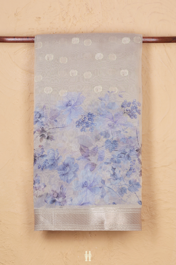 Organza Silk Saree In Grey With Zari Buttas