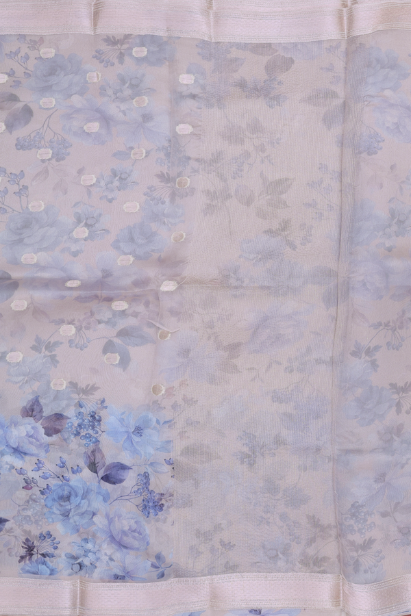 Organza Silk Saree In Grey With Zari Buttas