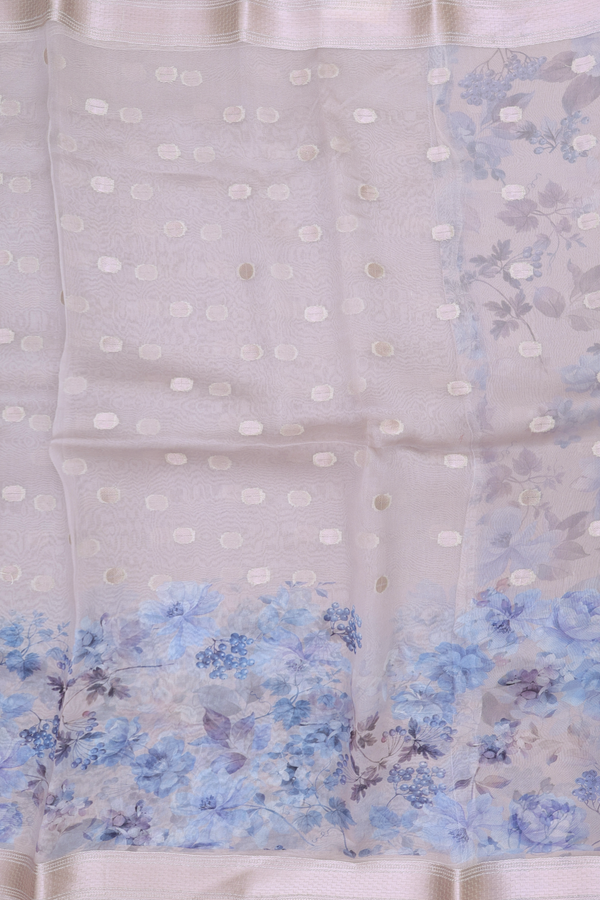 Organza Silk Saree In Grey With Zari Buttas