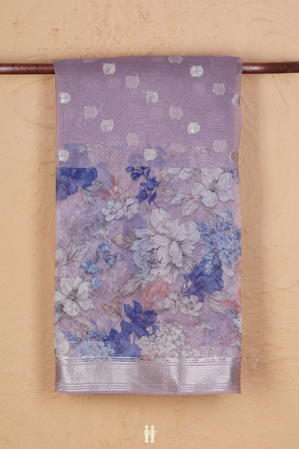 Organza Silk Saree In Greyish Purple With Zari Buttas