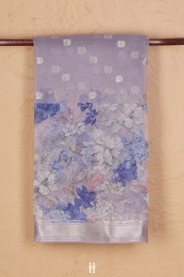 Organza Silk Saree In Greyish Purple With Zari Buttas