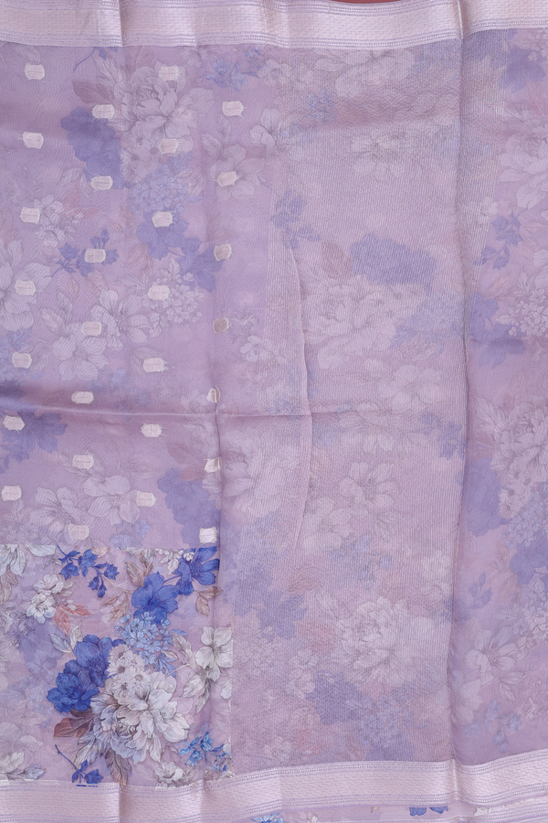 Organza Silk Saree In Greyish Purple With Zari Buttas