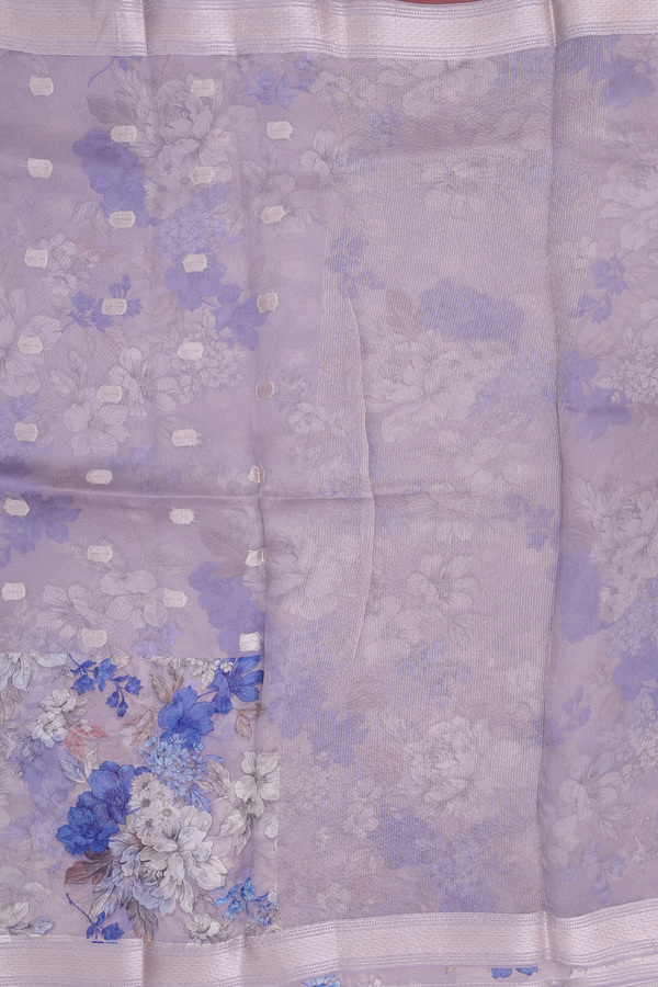 Organza Silk Saree In Greyish Purple With Zari Buttas