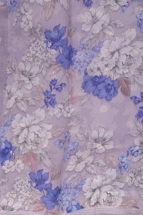 Organza Silk Saree In Greyish Purple With Zari Buttas