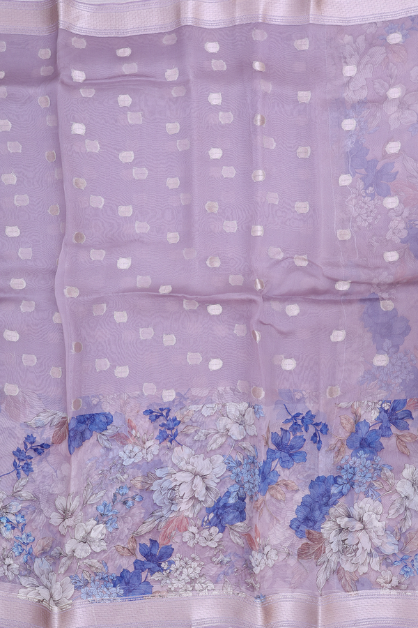 Organza Silk Saree In Greyish Purple With Zari Buttas