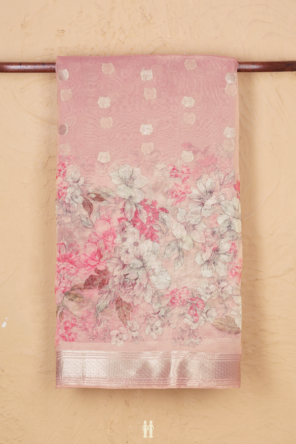 Organza Silk Saree In Dusty Rose With Zari Buttas