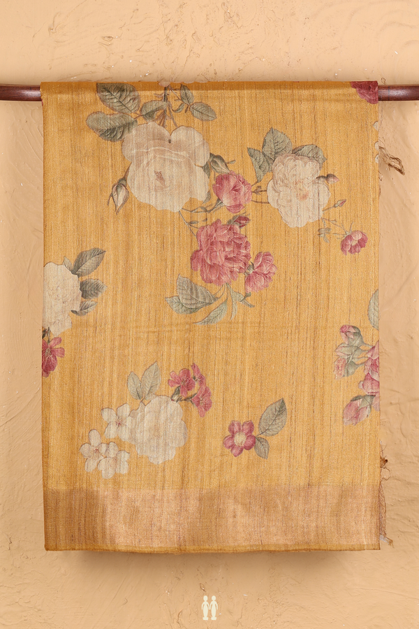Tussar Silk Saree In Golden Yellow With Floral Design
