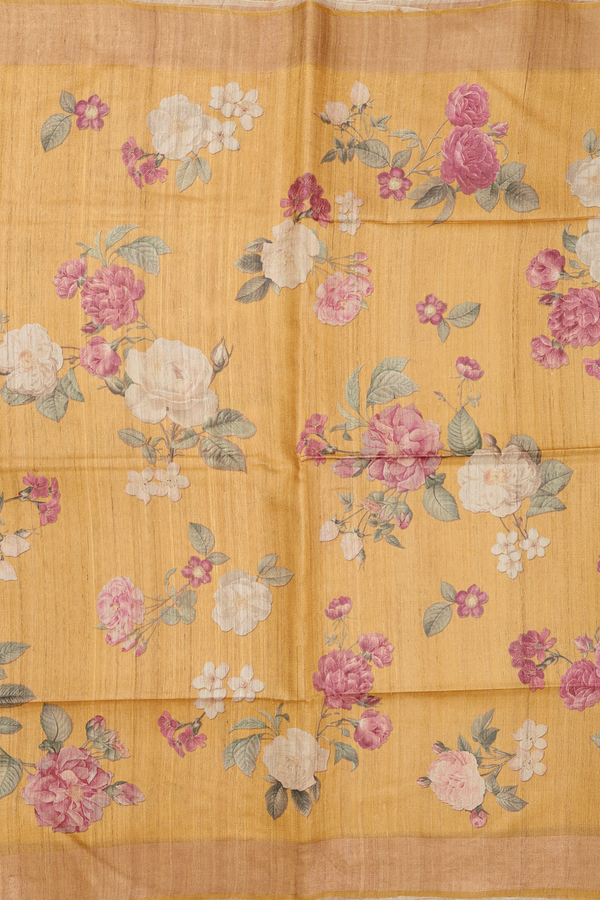 Tussar Silk Saree In Golden Yellow With Floral Design