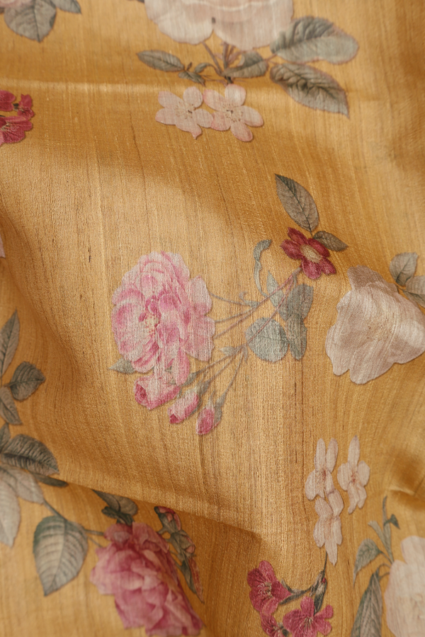 Tussar Silk Saree In Golden Yellow With Floral Design