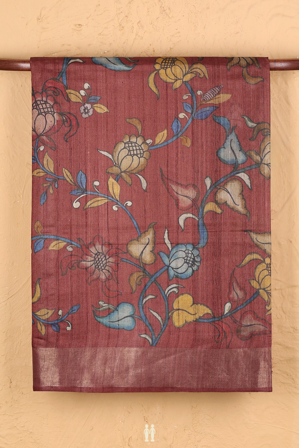 Tussar Silk Saree In Red With Floral Design