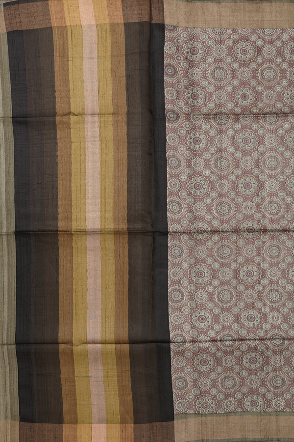 Tussar Silk Saree In Brown With Ajrakh Printed Design